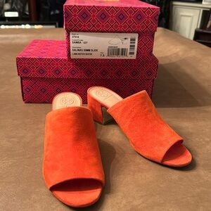 Tory Burch Peep Mule Sandals Lancaster Orange Suede